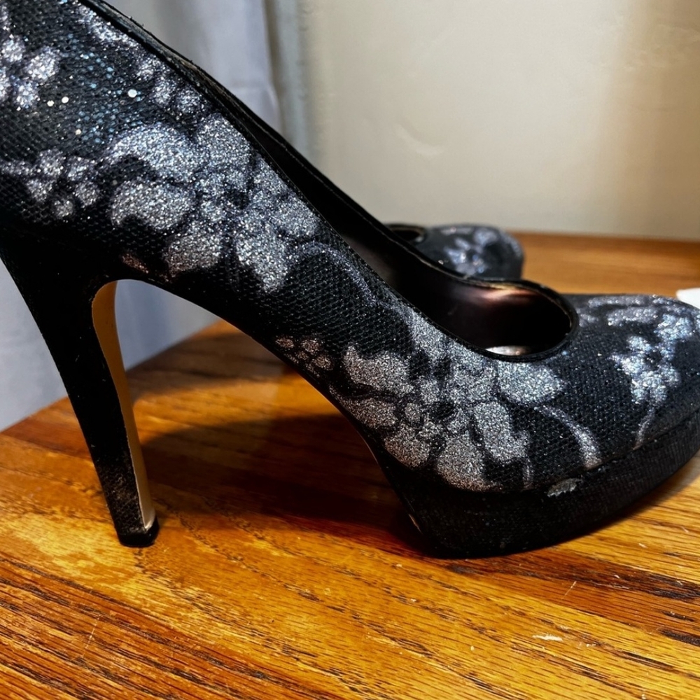 Reba Elegant Black Heels with Silver Floral Accents